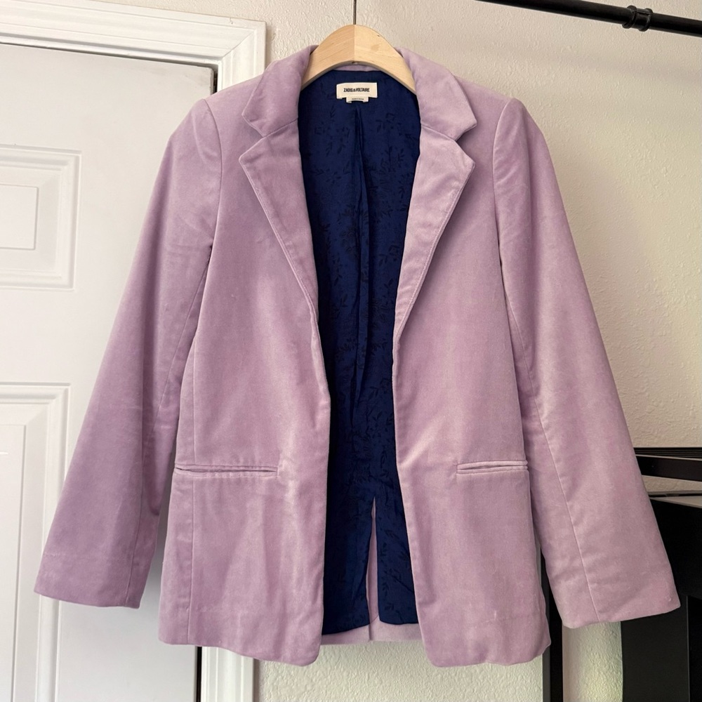 Zadig & Voltaire lavender lilac purple suede velour velvet buttonless blazer